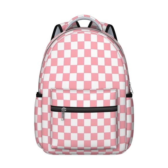 Pink and White Checkered Pattern Backpack for School, Cute School Bag with Adjustable Shoulder Straps and Padded Back, 15.3"x11"x7.1"