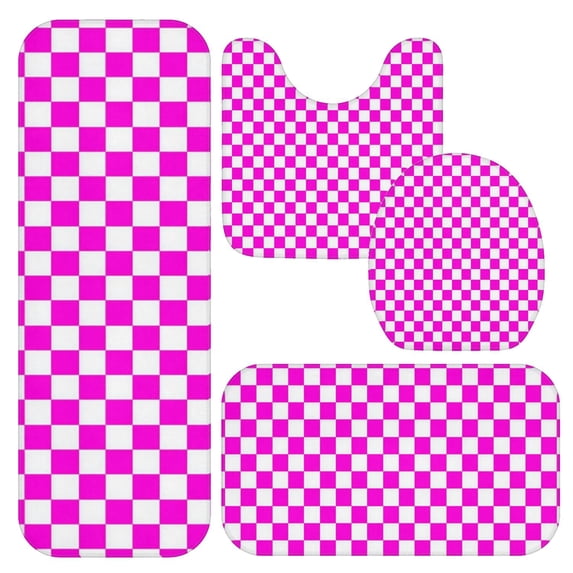 Pink and White Checkered Pattern Bathroom Rug Set 4 Piece,Includes Contour,Lid Cover,Bath Mat,Non-Slip Extra Soft Absorbent Washable