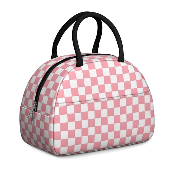 Pink and White Checkered Pattern Insulated Lunch Bag,Leakproof Large Capacity Lunch Box for Work,Picnic or Travel,11.4 X 6.7 X 8.3 Inches