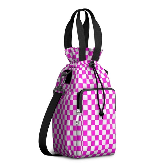 Witite Pattern Pink and White Checkered Pattern Water Bottle Holder with Strap ...