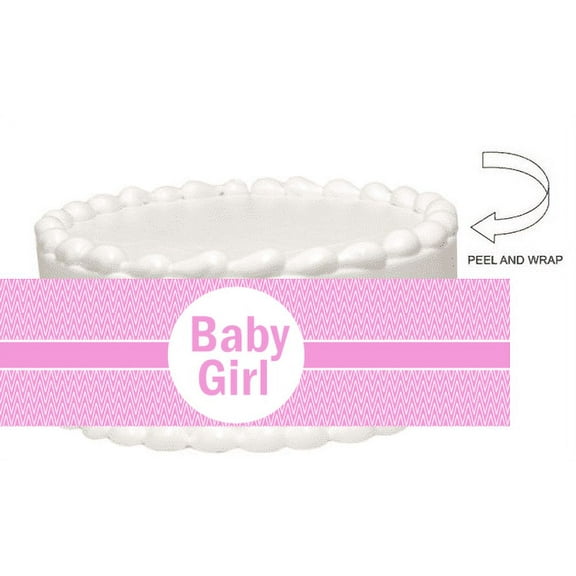 Pink and White Chevron Baby Shower Baby Girl Peel and Stick Edible Cake Decoration Image Wrap Ribbon