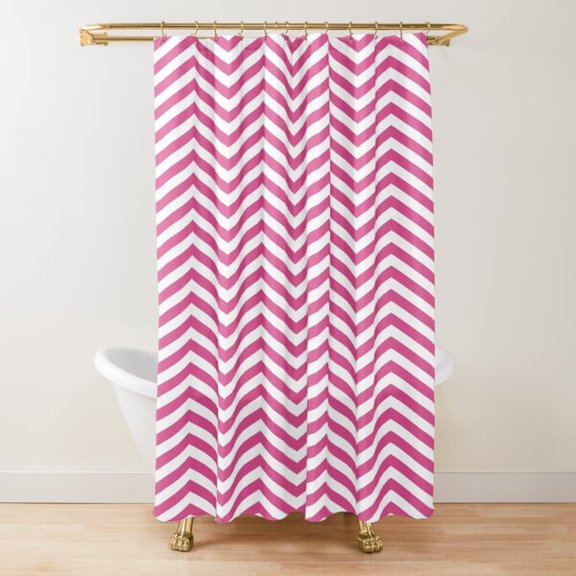 Pink and White Chevron Shower Curtain, 100% Polyester, Geometric Zigzag Bathroom Decor