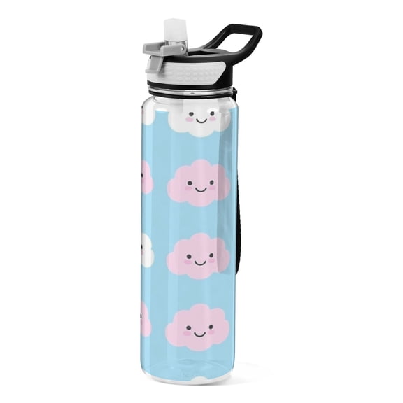 Pink and White Clouds 1000ml Tritan Sport Bottle Straw LeakProof Food-Grade Portable Wide Handle