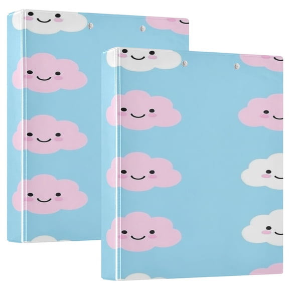 Pink and White Clouds 12.4x10.6in PVC Round Ring Binder, D-Ring 3-Hole, Metal Clip, 200 Sheets