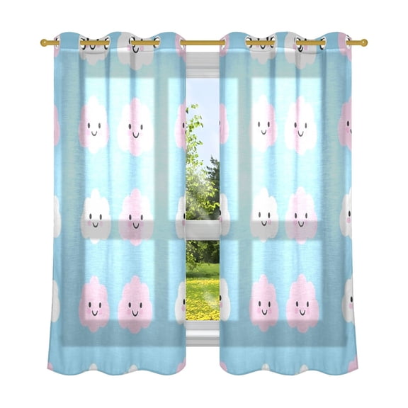 Pink and White Clouds Breathable Sheer Curtains 63x42in Soft Light Filtering, UV Protection and Thermal Insulation