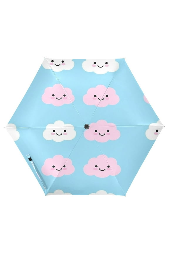 Pink and White Clouds Folding Umbrella UV50+ Waterproof Sun Protection Auto Open Close Compact Fiberglass Frame