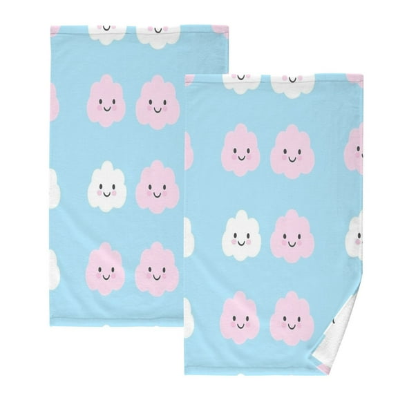 Pink and White Clouds Set of 2 Pure Cotton Towels, 16'' x 28'', Highly Absorbent and Soft