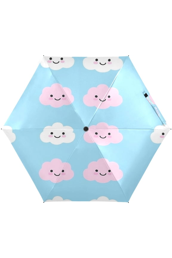 Pink and White Clouds Umbrellas for Sun Auto Open Close UV50+ Waterproof 5-Fold Compact Fiberglass Frame