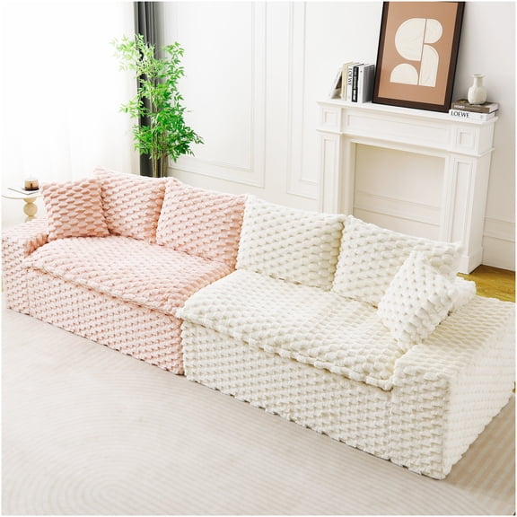 Pink and White Color Block Modular Sofa, Turtle Velvet Sectional Couch with Pillows, Flexible Seating for Living Room, Home Decor