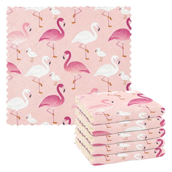Pink and White Flamingo Kitchen Cloth Dish Towels for Drying Washing Absorbent Dish Rags Reusable soft kitchen dishcloth set 6 Pack