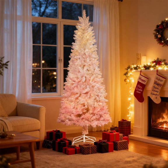 Pink and White Flocked 6ft Pencil Christmas Tree with 406 Tips, Easy Assembly & Storage for Holiday Home Decor