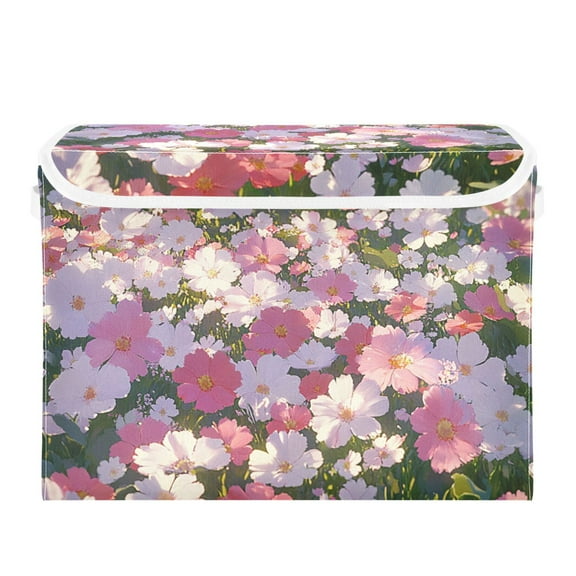 Pink and White Flower Field Large Storage Bins with Linen Collapsible Lid Storage Box 16.7 x 12.6 x 11.8in