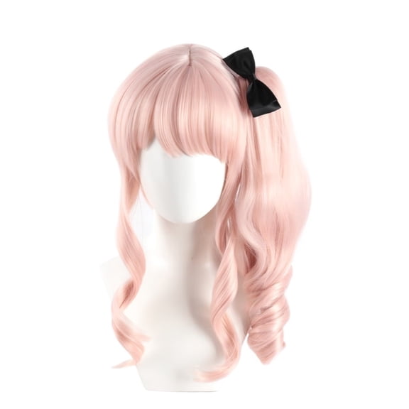 Pink and White Gradient Long Curly Hair Wigs with Air Bangs and Ponytail for Women - Stylish and Versatile Hairpiece