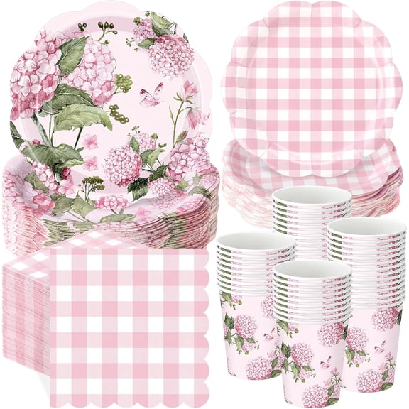 Pink and White Hydrangea and Gingham Disposable Tableware Set 250 Pieces Includes 9 Inch Plates 7 Inch Dessert Plates 9 Oz Cups and Napkins