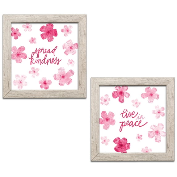 Pink and White Inspirational "Spread Kindness" and "Live In Peace" Floral Set by Noonday Designs; Two 12x12in Distressed Framed Prints