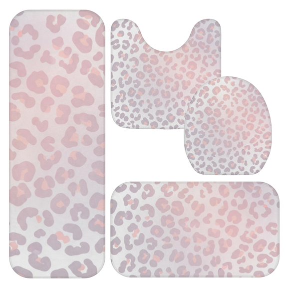 Pink and White Leopard Print Bathroom Rug Set 4 Piece,Includes Contour,Lid Cover,Bath Mat,Non-Slip Extra Soft Absorbent Washable