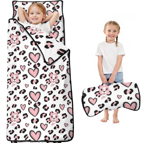 Pink and White Leopard Print Pattern Teens Toddler Nap Mat with Pillow, Sleeping Mat Bag for Preschool Daycare 60"x20"