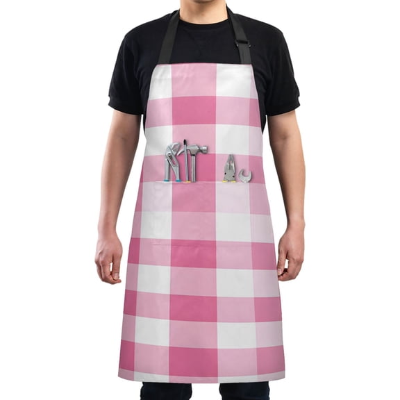 Pink and White Plaid Chef Kitchen Apron with Pockets for Women Waterproof Aprons for Cooking Baking