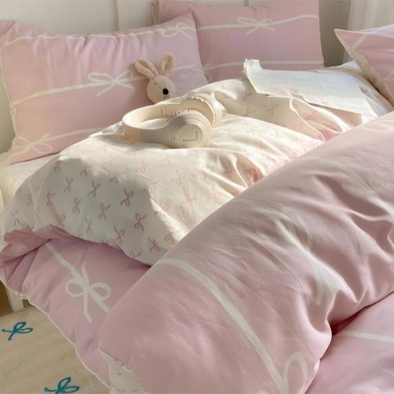 Pink and White Striped Duvet Cover Set 3-Piece Bow Stripes Bedding Set Bowknot Quilt Cover with Zipper Closure & Corner Ties Queen Size