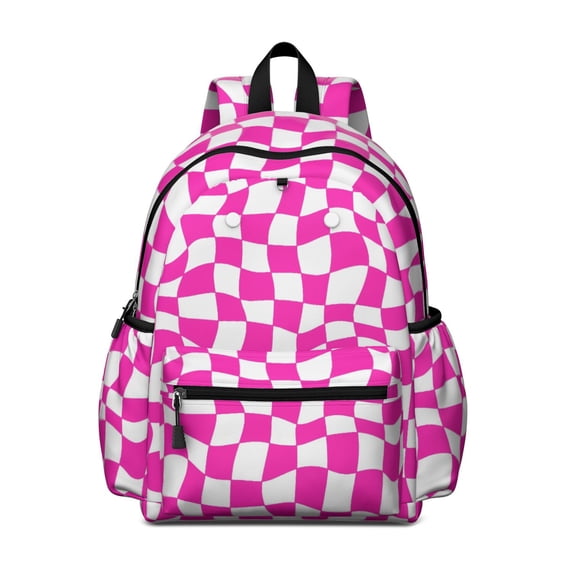 Pink and White Wavy Checkered Pattern Backpack for School, Cute School Bag with Adjustable Shoulder Straps and Padded Back, 13.4"x11"x4.7"