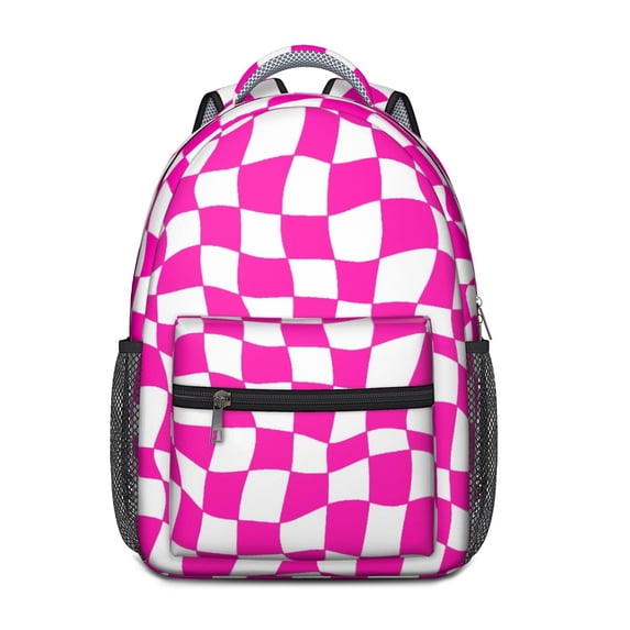 Pink and White Wavy Checkered Pattern Backpack for School, Cute School Bag with Adjustable Shoulder Straps and Padded Back, 15.3"x11"x6.7"