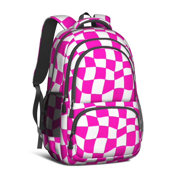 Pink and White Wavy Checkered Pattern Backpack for School, Cute School Bag with Adjustable Shoulder Straps and Padded Back, 16.9"x12.6"x5.9"