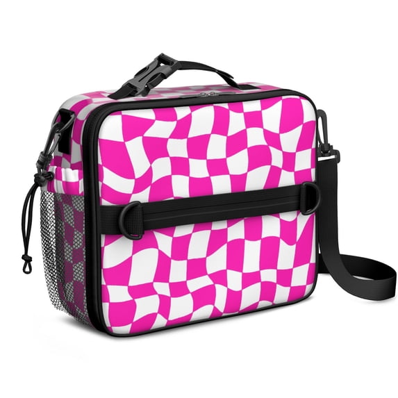 Pink and White Wavy Checkered Pattern Insulated Lunch Bag with Shoulder Strap and Bottle Holder,Bento School Lunch Bag Box,11x9.5x3.5 Inches