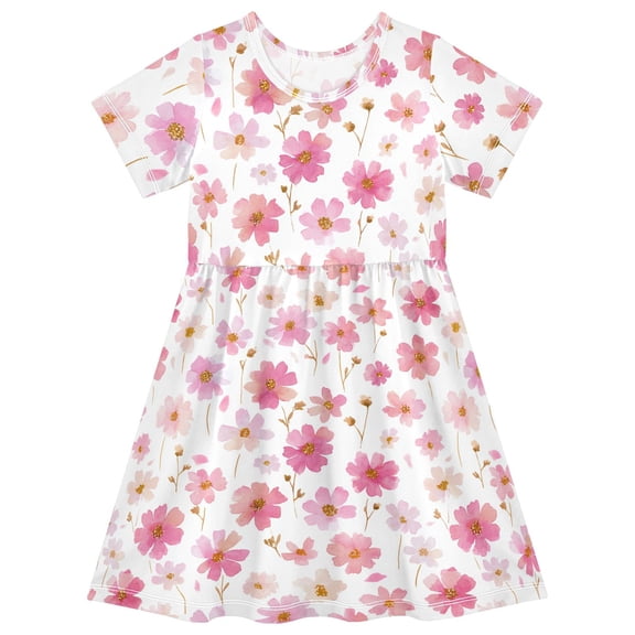 Pink and White Wildflower Short Sleeve Dress A-Line Cute Midi Casual Sundress 2-8 Years