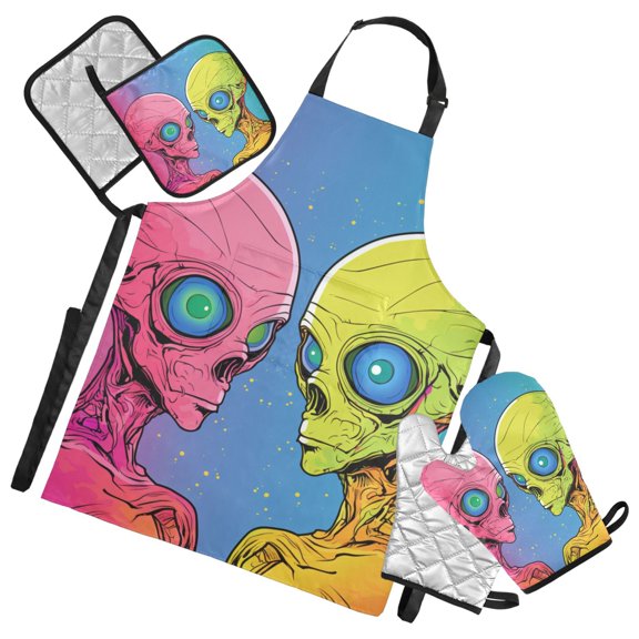 Pink and Yellow Aliens 5 Pcs Kitchen Set Heat Resistant Oven Mitts and Non-Slip Pot Holders with Adjustable Cooking Apron