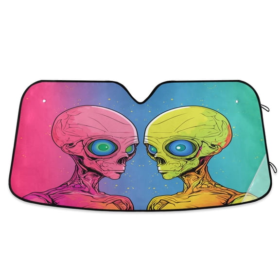 Pink and Yellow Aliens Car Windshield Sun Shade Foldable Car Front Window Visor Heat and UV Protection 53x23.5