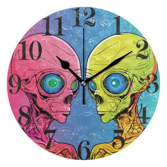 Pink and Yellow Aliens Wall Clock 9.8 inch Battery Operated Clocks Non-Ticking Silent for Bedroom Office Kitchen Living Room
