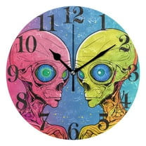 Pink and Yellow Aliens Wall Clock 9.8 inch Battery Operated Clocks Non-Ticking Silent for Bedroom Office Kitchen Living Room