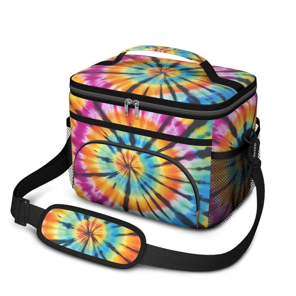 Pink and Yellow Tie Dye Pattern Insulated Lunch Box for Women Men, Medium Leakproof Cooler Bag with Adjustable Strap, 10"x6.7"x8"