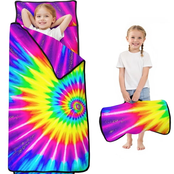 Pink and Yellow Tie Dye Pattern Teens Toddler Nap Mat with Pillow, Sleeping Mat Bag for Preschool Daycare 59"x22"