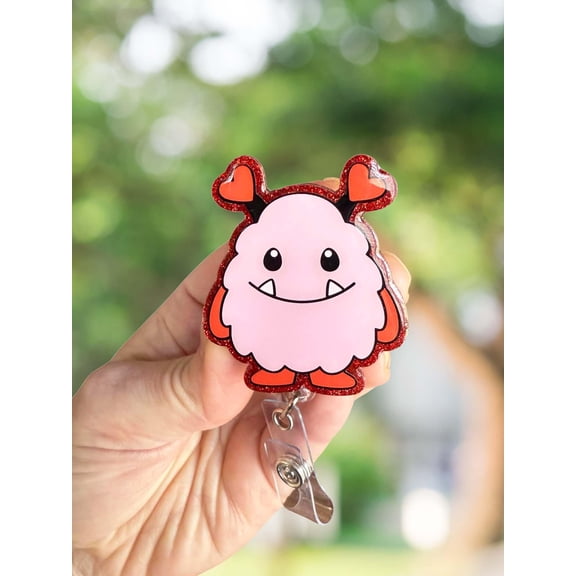 Pink and red monster retractable badge reel, cute monster badge reel, medical ID holder, nurse badge reel, acrylic badge topper