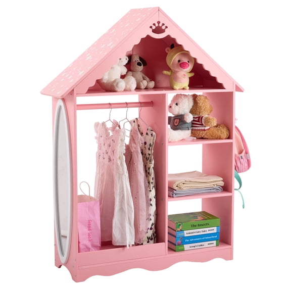 Pink and white star-printed MDF spray-painted 1 mirror 3-tier shelf 1 clothes rod children's wardrobe