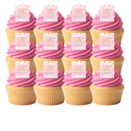 Pink baby twinkle twinkle little star Message Cupcake Picks â€“ 24 Edible Wafer Paper Decorations