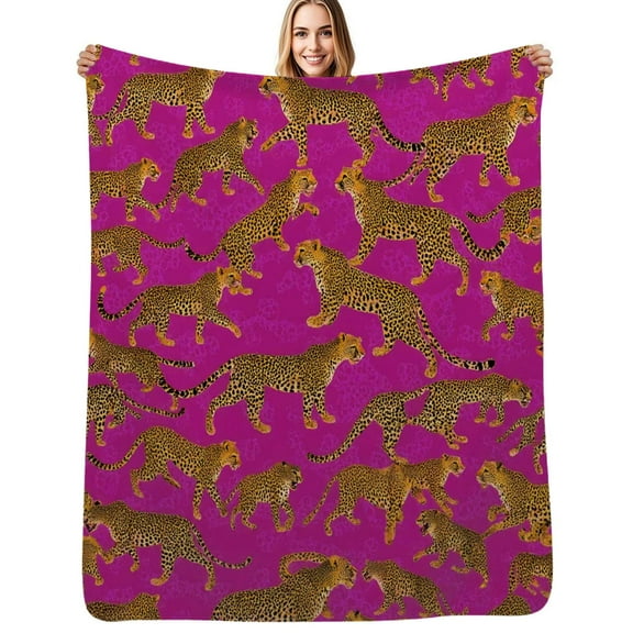Pink background cheetah print repeat Flannel Blanket Warm Soft Bedding Throws Winter Camping Chair Sofa Bed