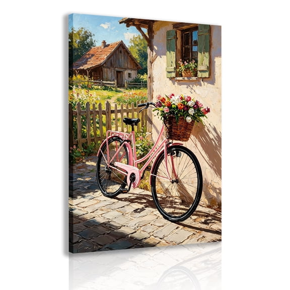 Pink bicycle and flower canvas painting, pastoral landscape floral wall art poster printing, warm country farmhouse style home decoration frame.