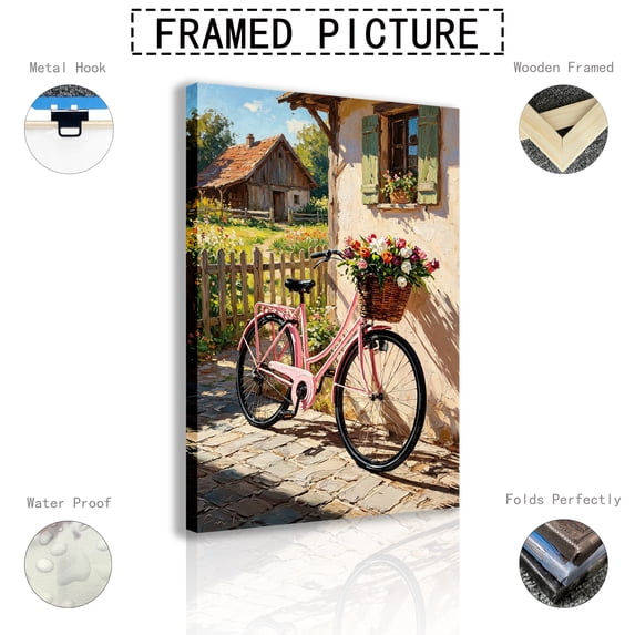Pink bicycle and flower canvas painting, pastoral landscape floral wall art poster printing, warm country farmhouse style home decoration frame.