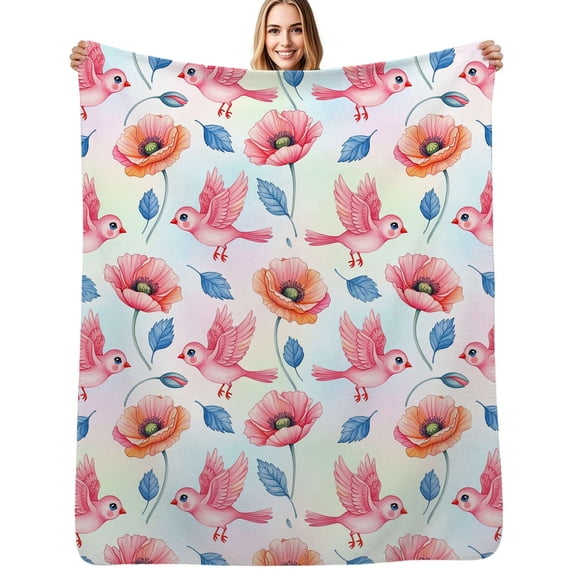 Pink birds poppies floral pattern Flannel Blanket Warm Soft Bedding Throws Winter Camping Chair Sofa Bed