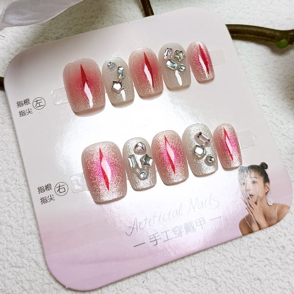 Pink blush cat eye handmade armor, devil eye nail sticker, 10 pieces of love diamond manicure