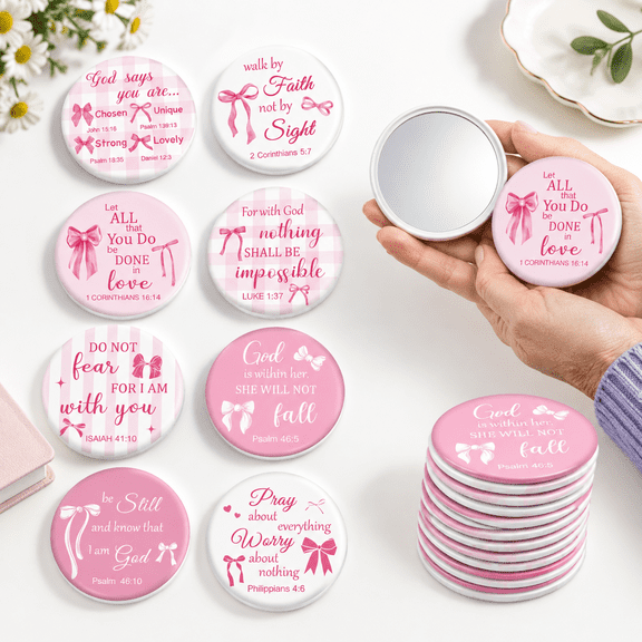Pink-bows Round Portable Pocket Mirror, 36 Pack Tinplate Glass Compact Mirrors for Gifts