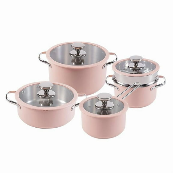 Pink ceramic paint cookware set Durable 304 stainless steel cookware set 4-piece milk pot soup pot steamer Kitchen induction cooker Gas stove suitable