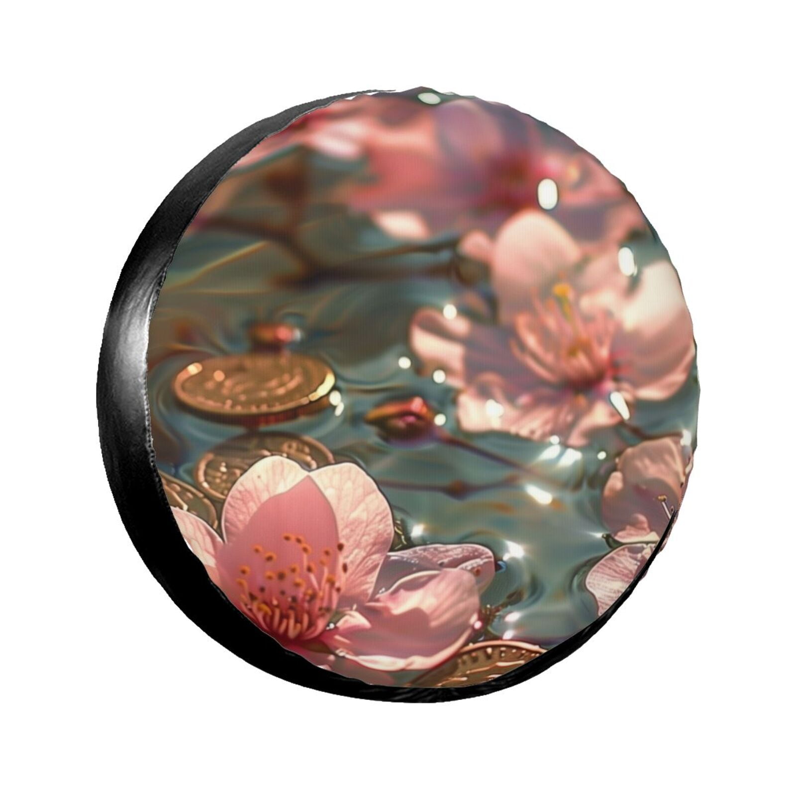Pink cherry blossoms and coins in sparkling water camping spare tire