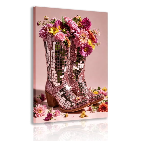 Pink disco cowboy boot canvas wall art, shimmering mirrored ceramic tiles with floral print, vintage Western-style wall frame decoration, suitable for bedrooms, living rooms, and dorm rooms.