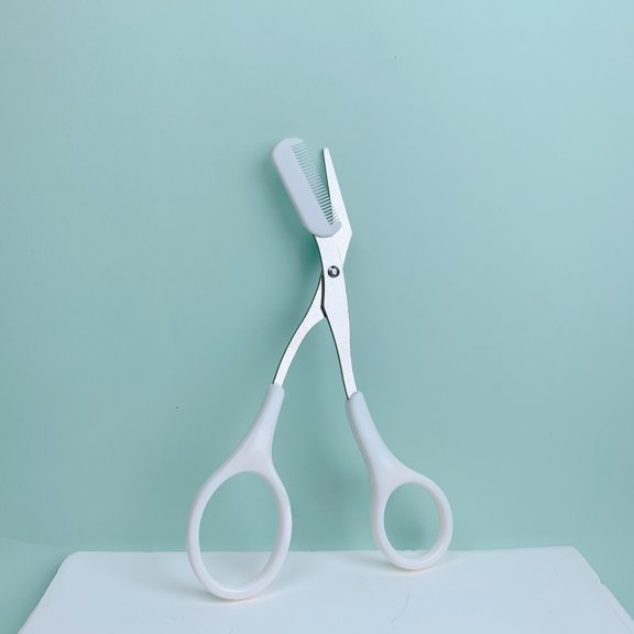 Pink eyebrow trimming scissors with built-in comb - stainless steel, precise grooming tool, creating perfect eyebrows