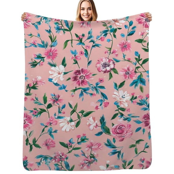 Pink floral painted fabric design Flannel Blanket Warm Soft Bedding Throws Winter Camping Chair Sofa Bed