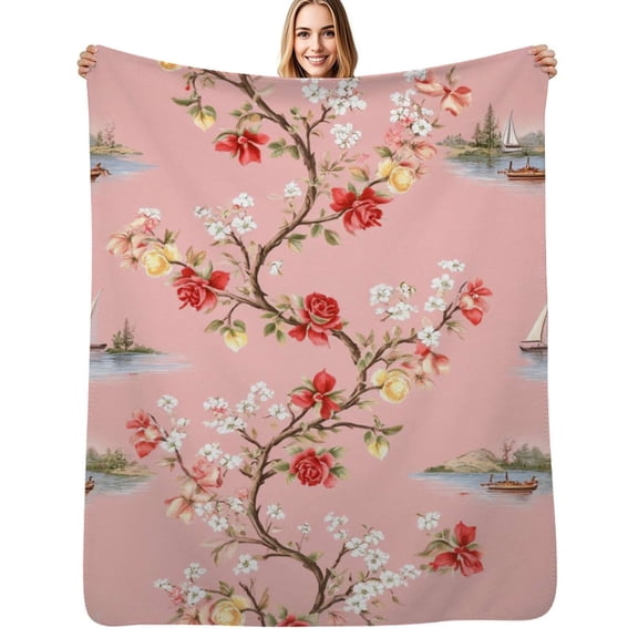 Pink floral sailboat wallpaper design Flannel Blankets Soft Warm Throw Blanket Autumn Camping Bedroom Aesthetic Bedspread