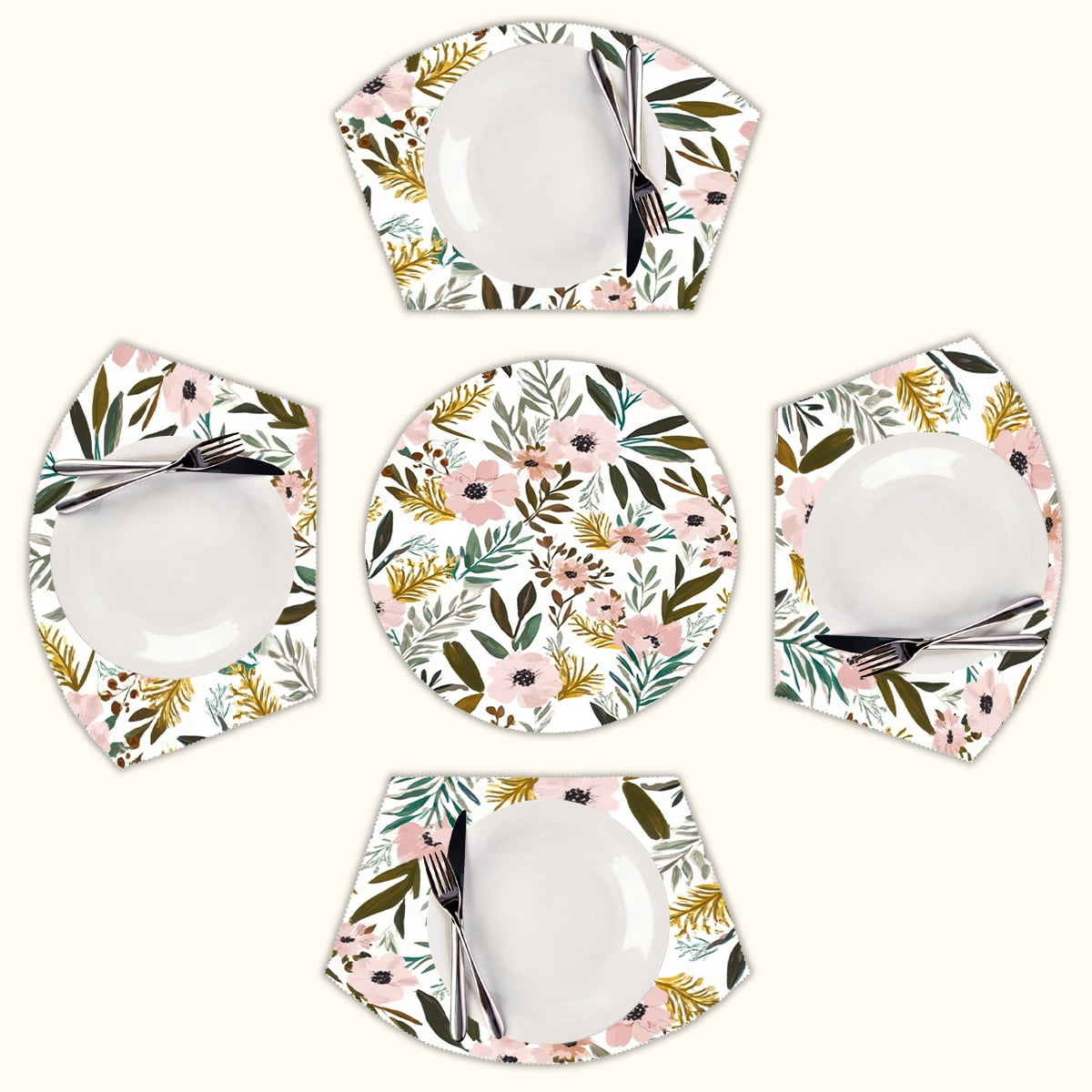 Pink floral white background pattern Round Table Placemats Set Of 5 ...